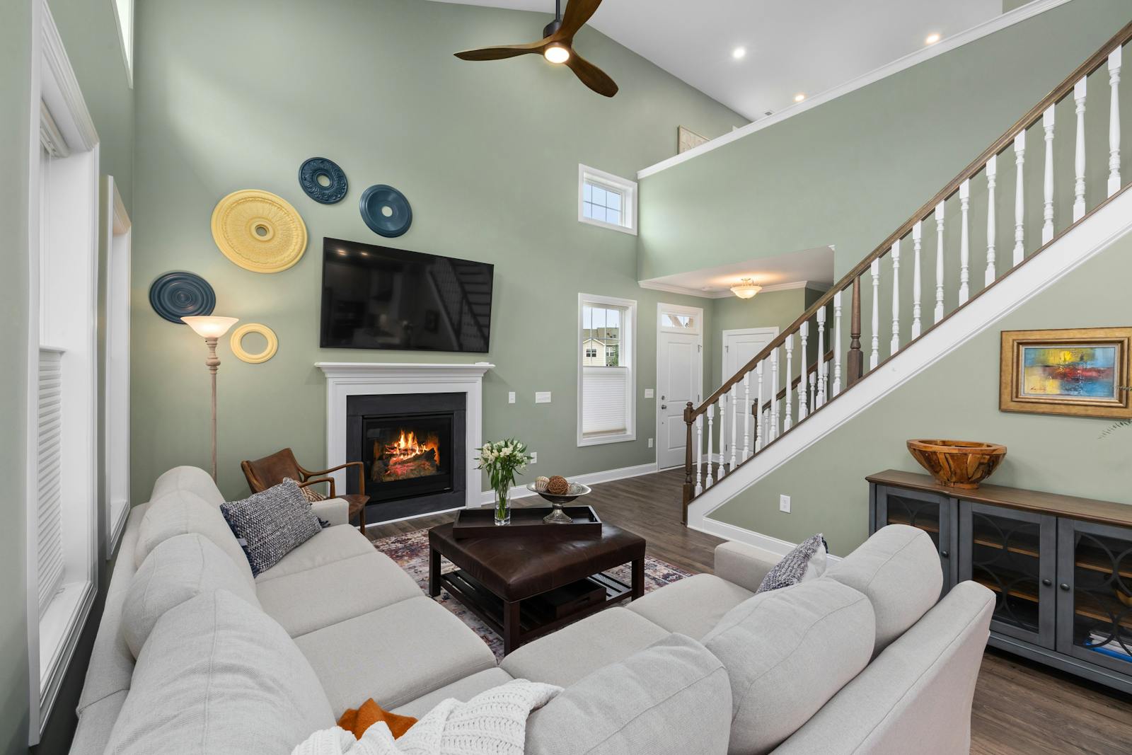 Open great room with vaulted ceiling